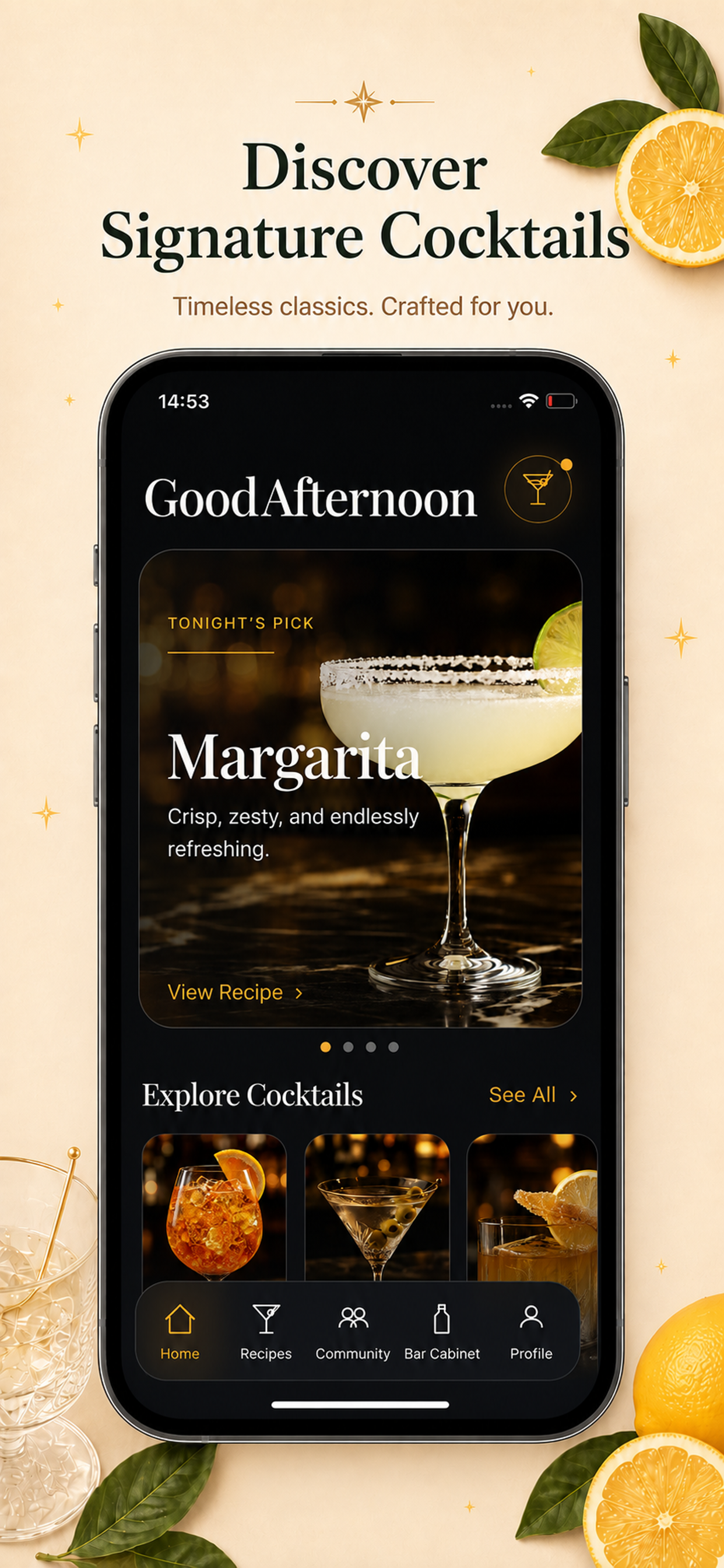 Clova app home screen showing signature cocktails