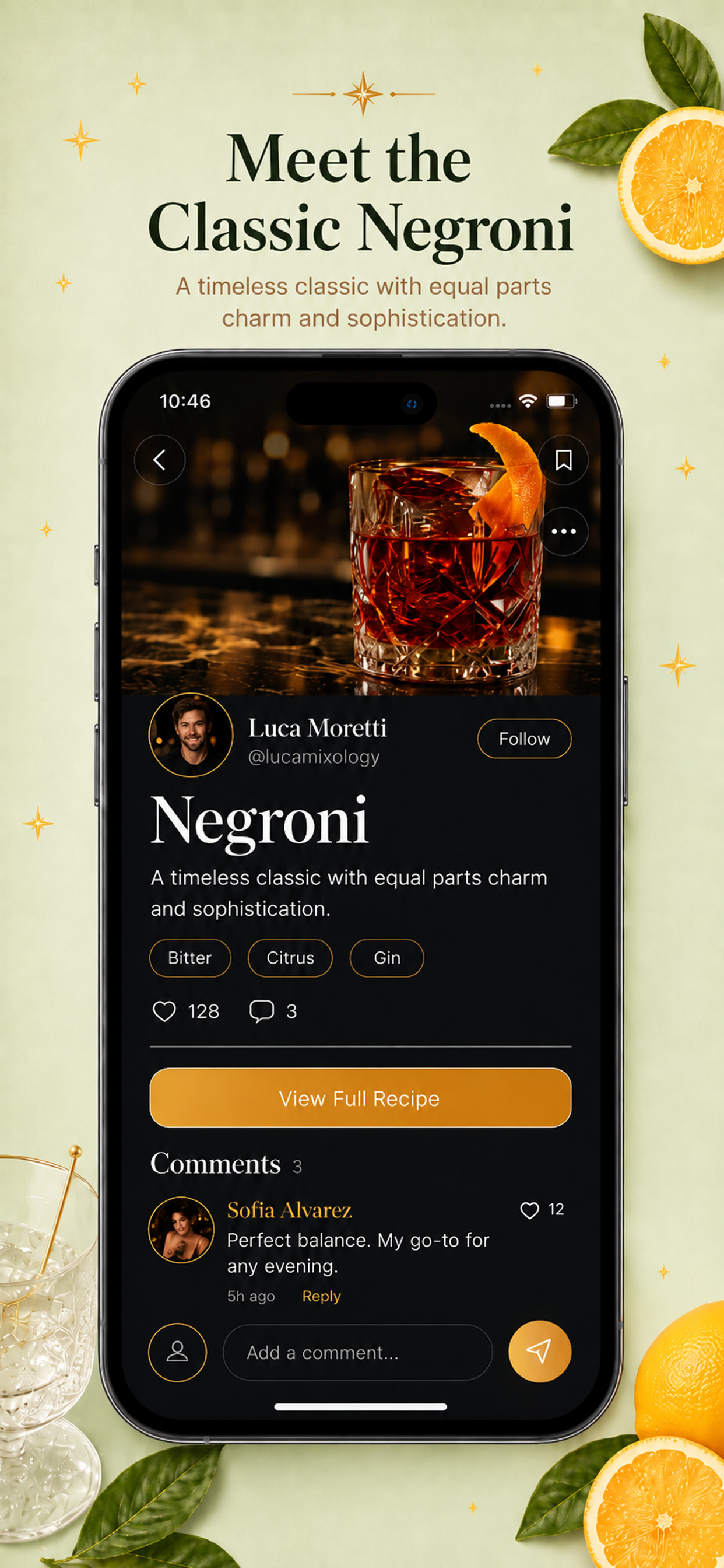 Clova community post showing a Negroni with comments
