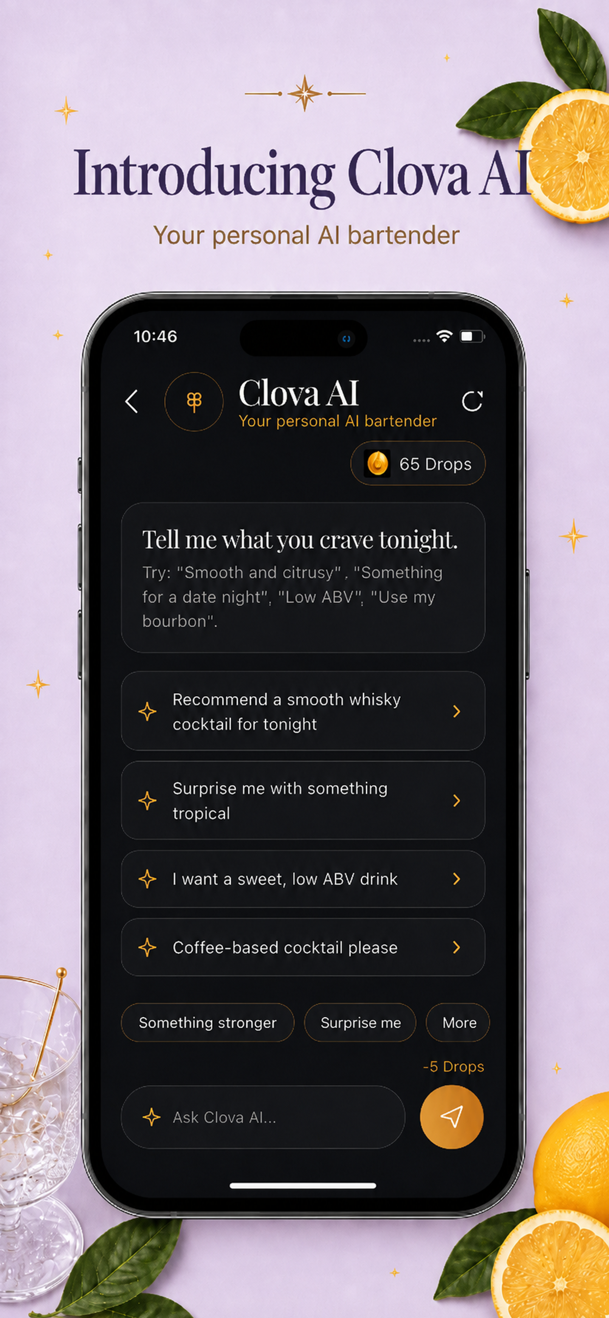 Clova AI bartender screen suggesting cocktail ideas